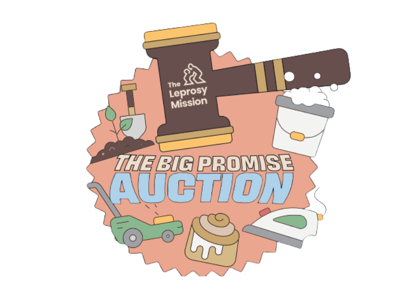 A colourful hand drawn  logo featuring an auctioneers gavel, lawnmower, cake, bucket, Iron and a spade